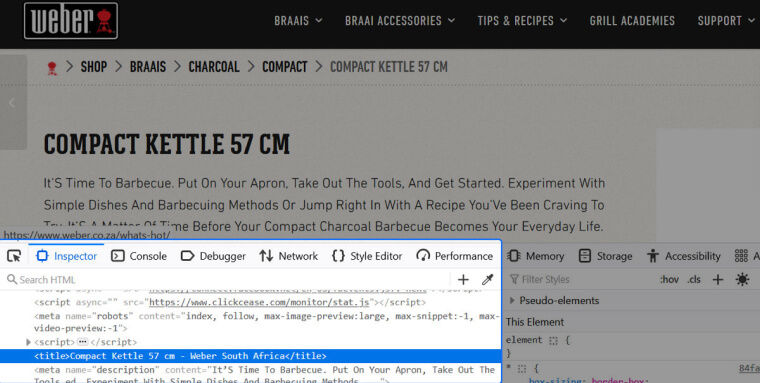 Screenshot of a product page with DevTools open; the <title> element, containing &lsquo;Compact Kettle 57 cm - Weber South Africa&rsquo;, is highlighted.