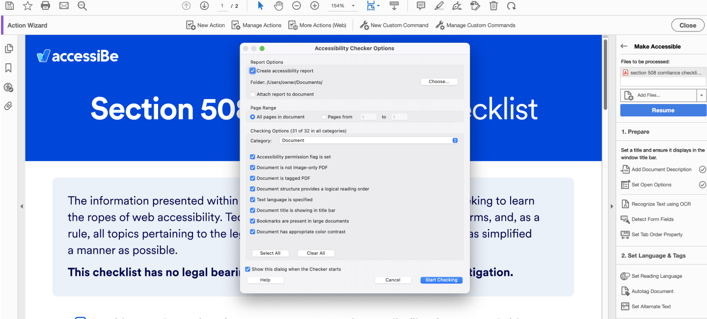 Screenshot of the dialog with all checkbox options checked and &lsquo;Document&rsquo; as the selected category.