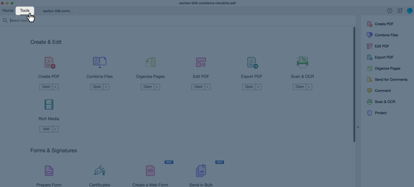 Screenshot of the &lsquo;Tools&rsquo; tab.